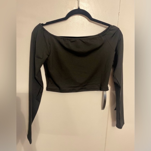 Basic off the shoulder long sleeve crop top, black, Large - Picture 1 of 3